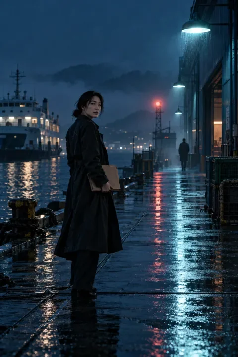 悬疑推理题材插画：雨夜码头上携带档案的调查者